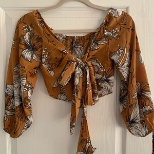 Zaful Tie-Front Floral Top Tan